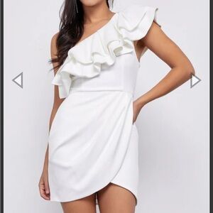 DO+BE White One Shoulder Ruffled Mini Wrap Dress - Size S